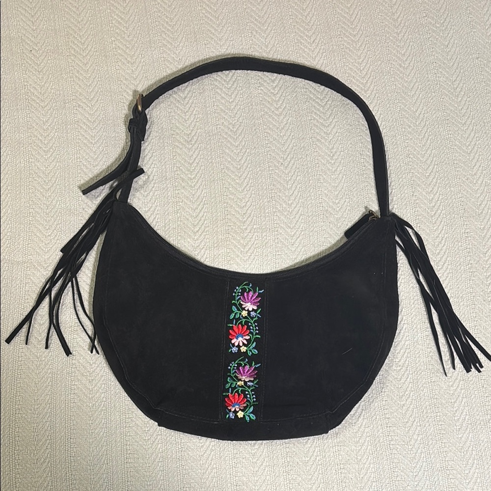 Wilsons Leather Black Suede Handbag with Embroidered Flowers